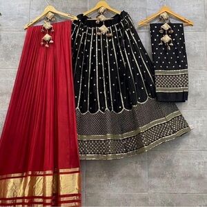 Stunning Black and Red Lehenga Set with Gold Detailing